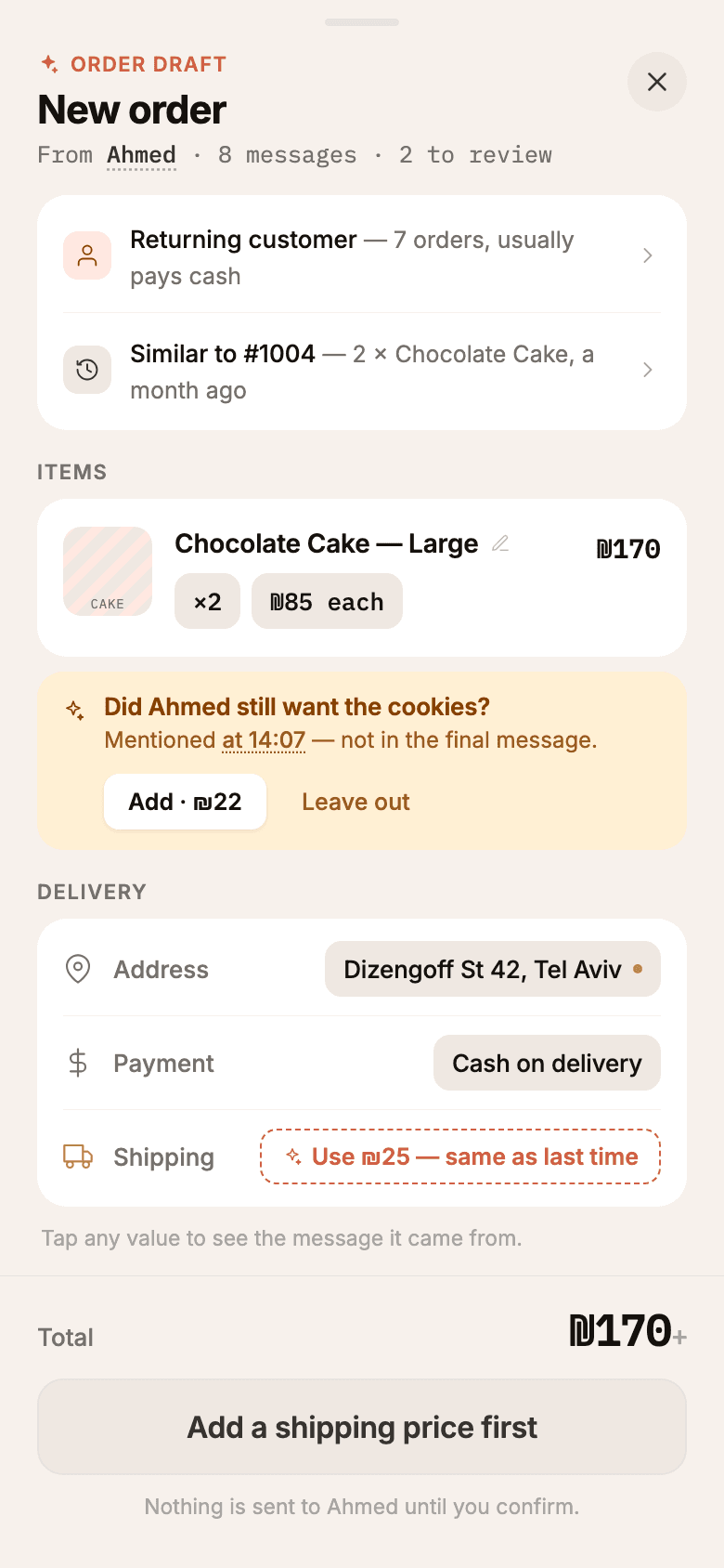 Markash order draft screen with items, shipping, and payment